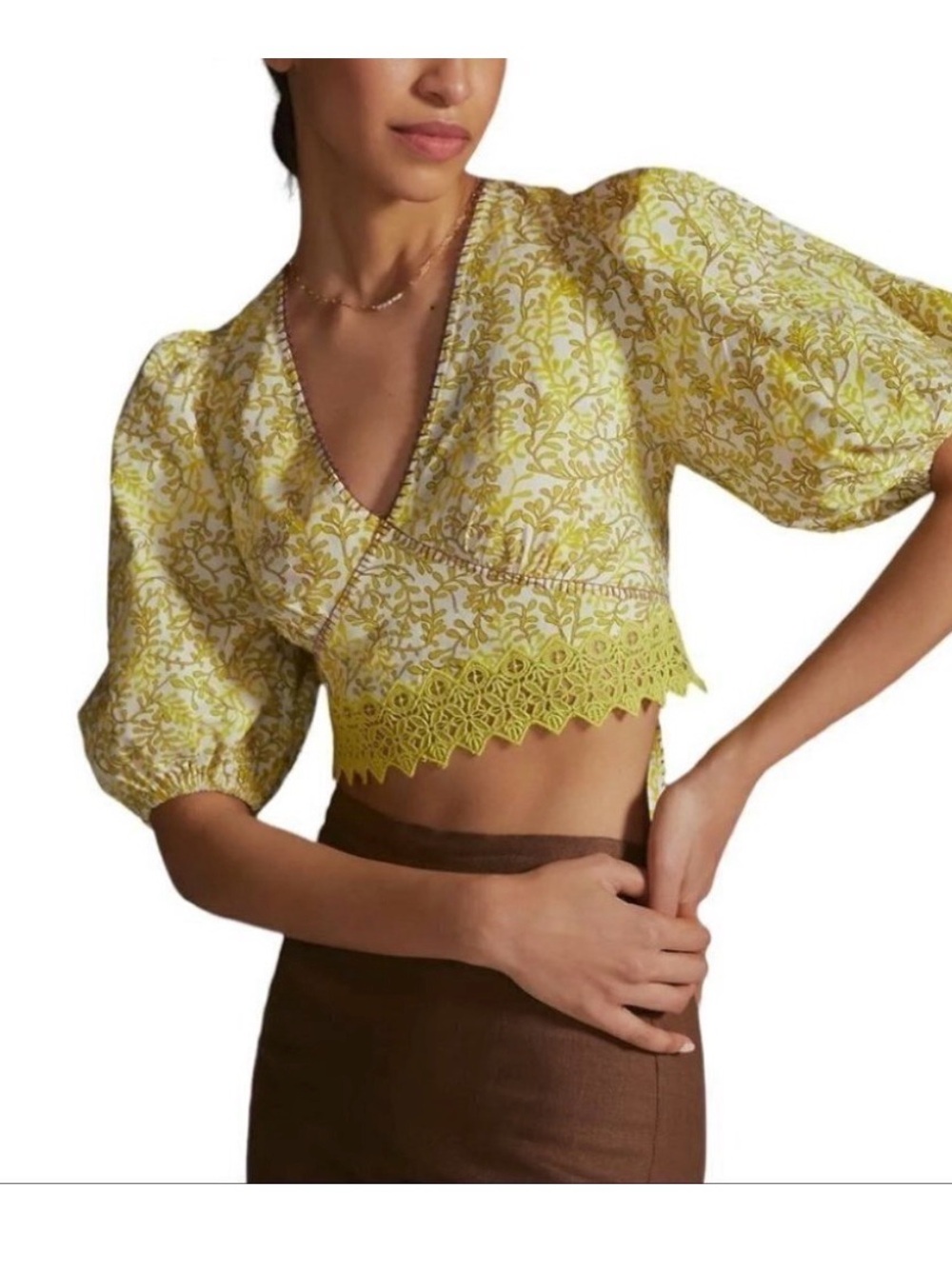 Yellow Floral Lace-Trim Puff Sleeve Crop Top